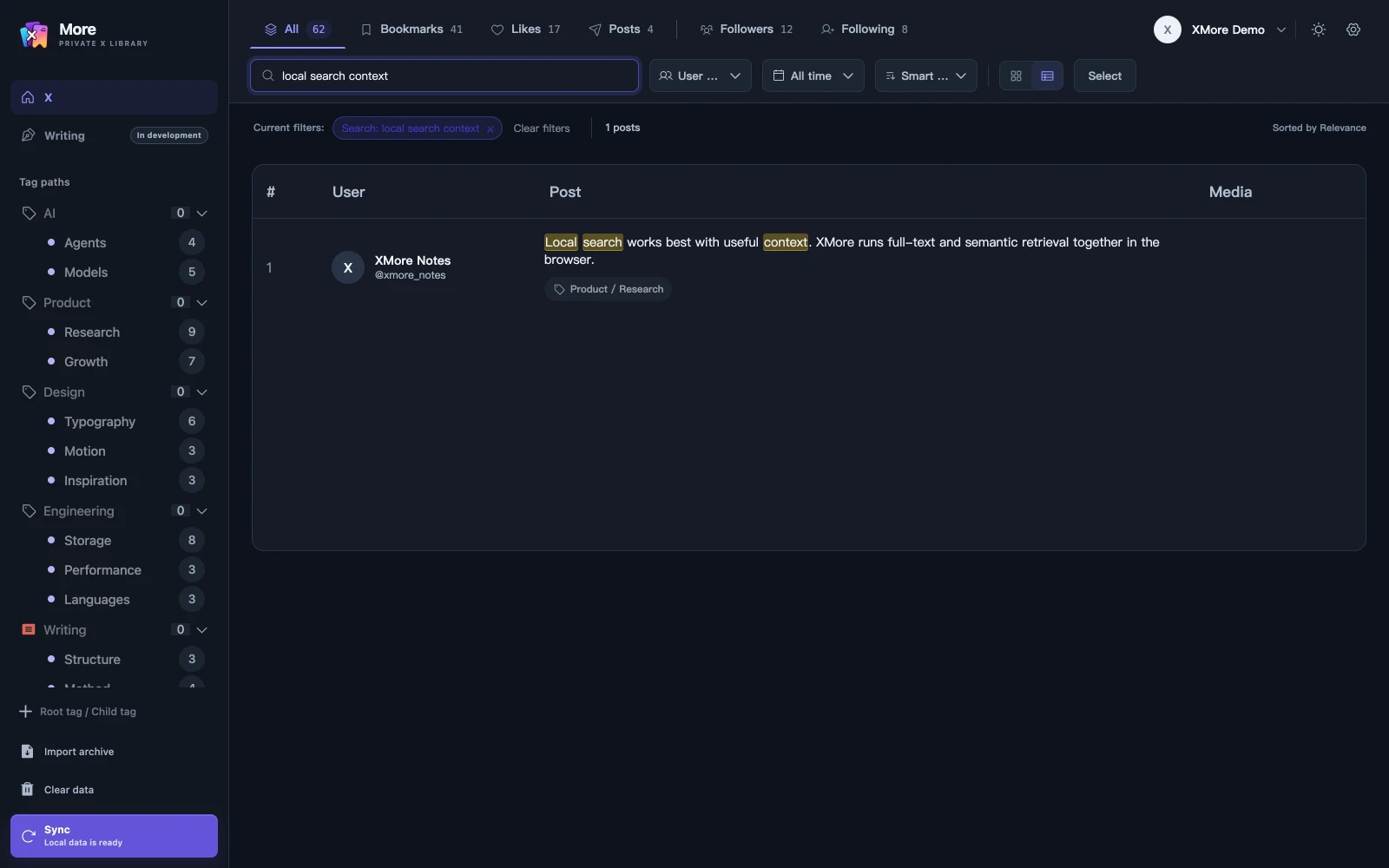 XMore local search in the All sources view, with highlighted keywords and author, date and tag filters