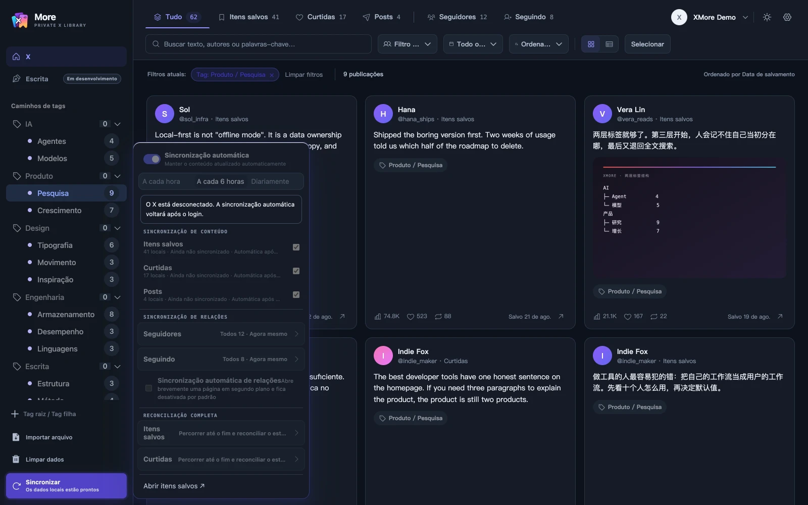 Painel de sincronização do XMore: Itens salvos, curtidas e posts podem atualizar os itens mais recentes ou recuperar o histórico, enquanto seguidores e contas seguidas usam uma sincronização separada