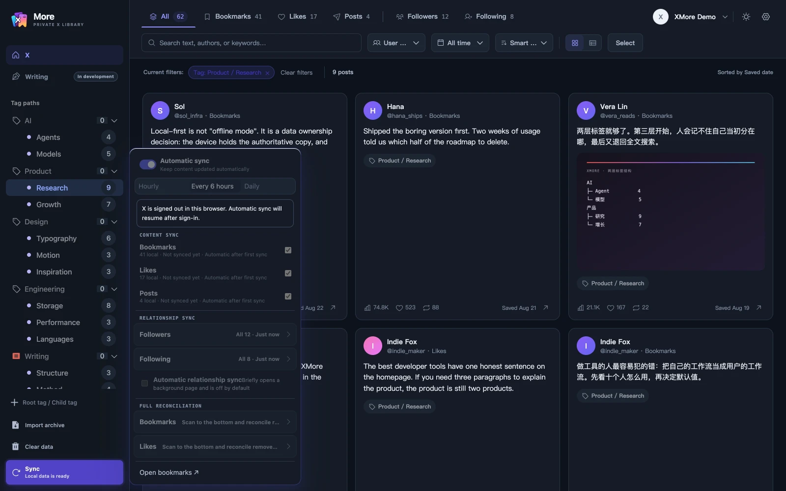 The XMore sync panel: bookmarks, likes and posts can each refresh the newest or backfill history, while followers and following use a separate relationship sync