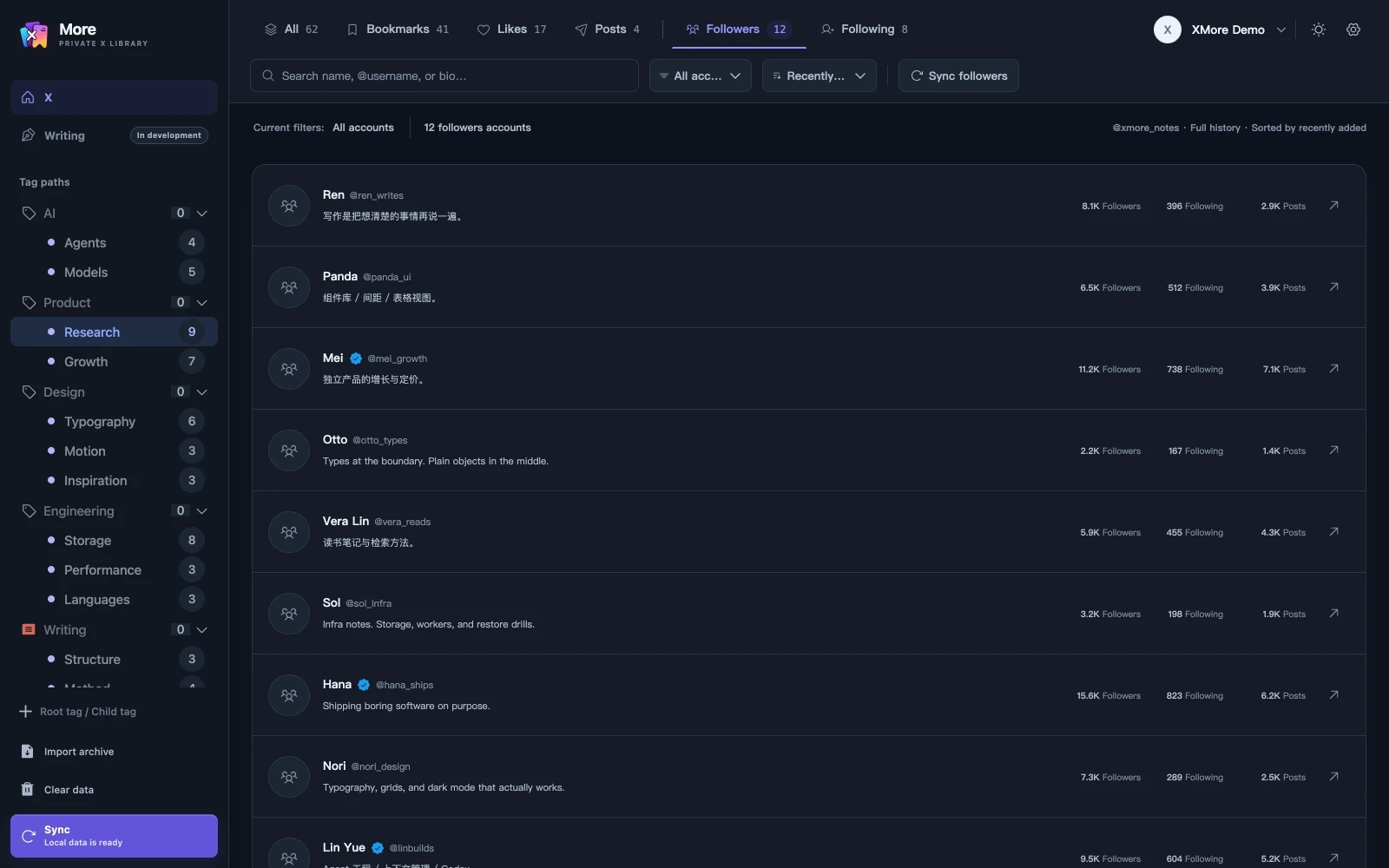 The XMore local relationship library: a cached follower list with display name, handle, bio and follower, following and post counts