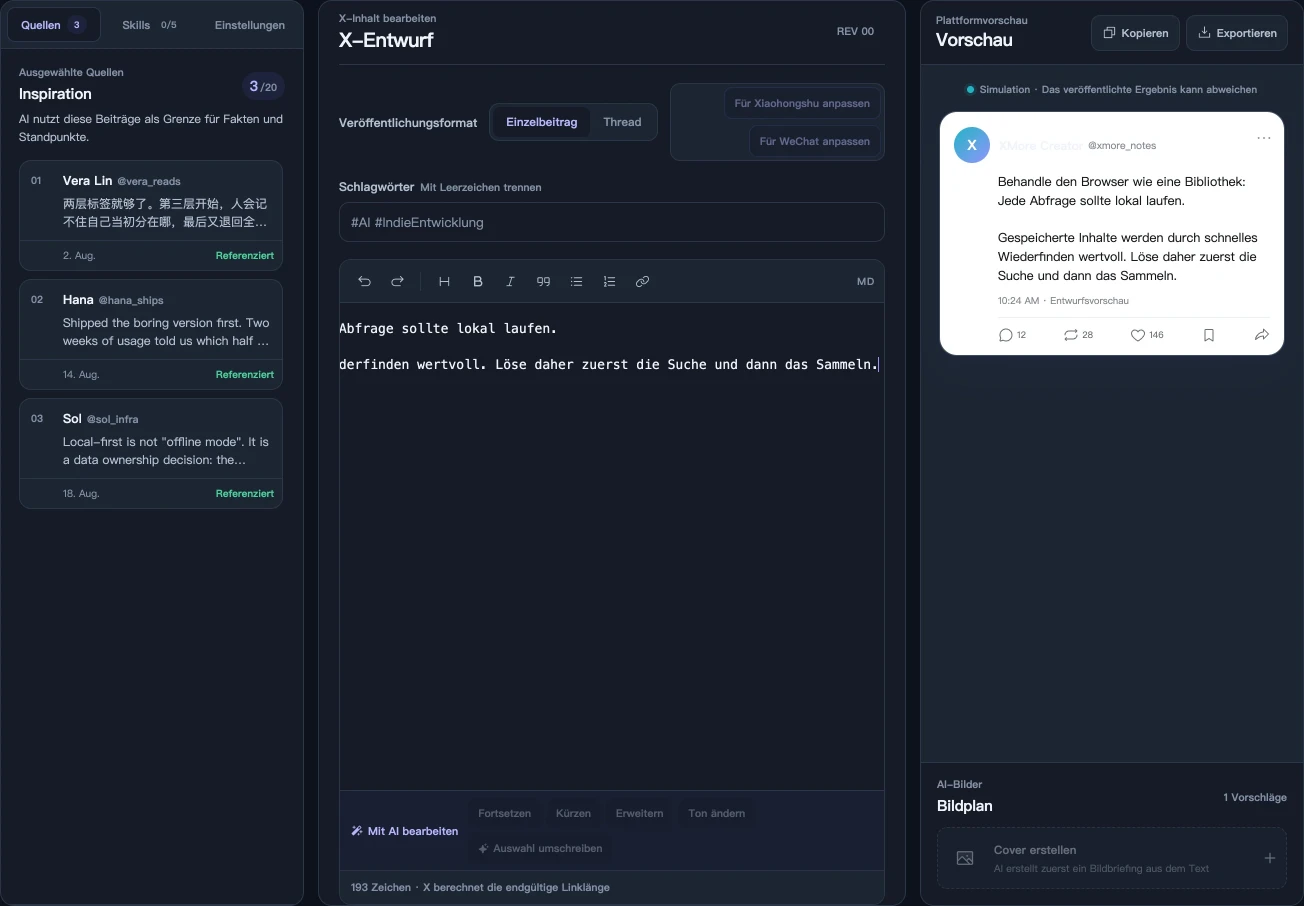 Das XMore-Schreibstudio: ausgewählte Quellbeiträge links, ein Markdown-Editor für den Entwurf in der Mitte und eine simulierte Vorschau für die Zielplattform rechts