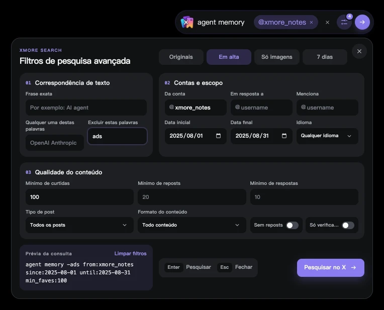 Painel de busca avançada do XMore inserido no x.com: quatro filtros rápidos, três grupos de condições para texto, contas e engajamento e uma prévia em tempo real da consulta gerada